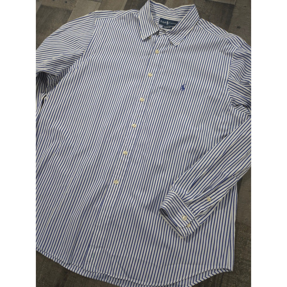 Ralph Lauren Classic Fit Striped Long Sleeve Button Down Blue White Mens‎ 18 XXL